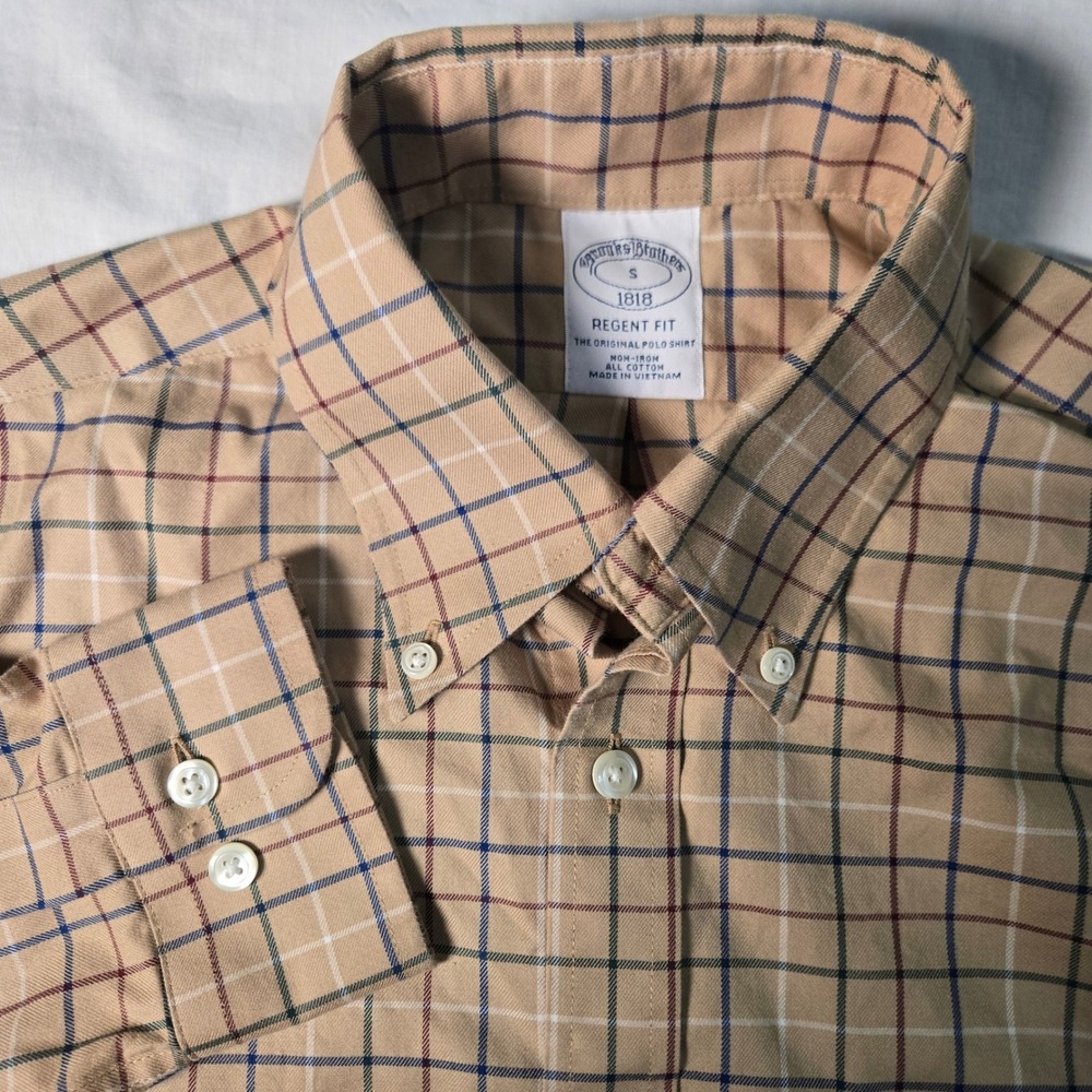 Brooks Brothers 1818 Regent Fit Tan Plaid Non-Iron Cotton Shirt Mens Small